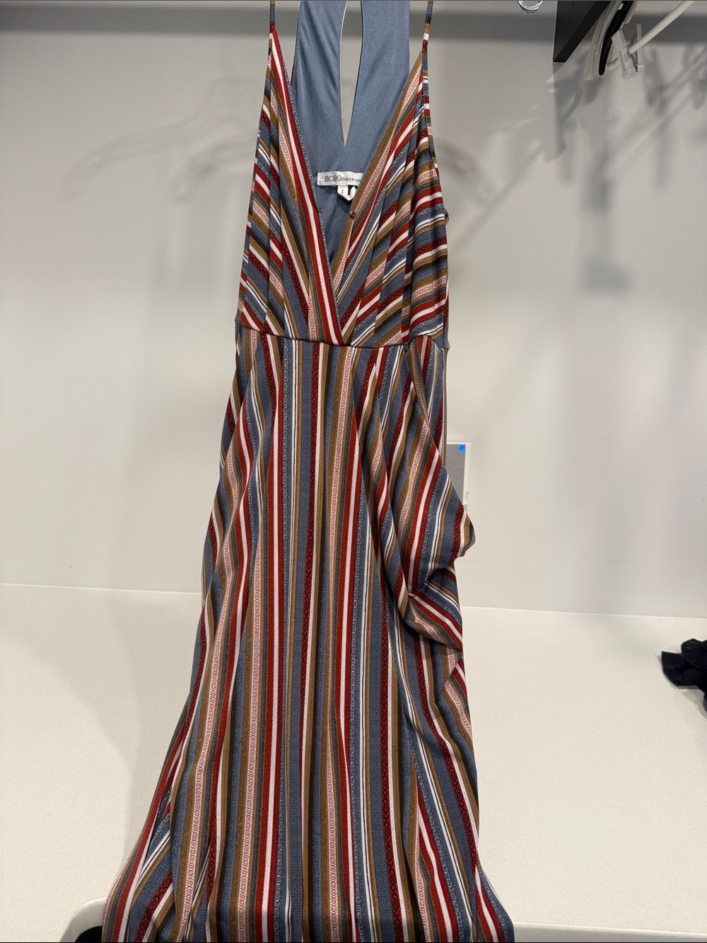 BCBGeneration Striped V-Neck Midi Dress in Blue, Red, Brown & Cream